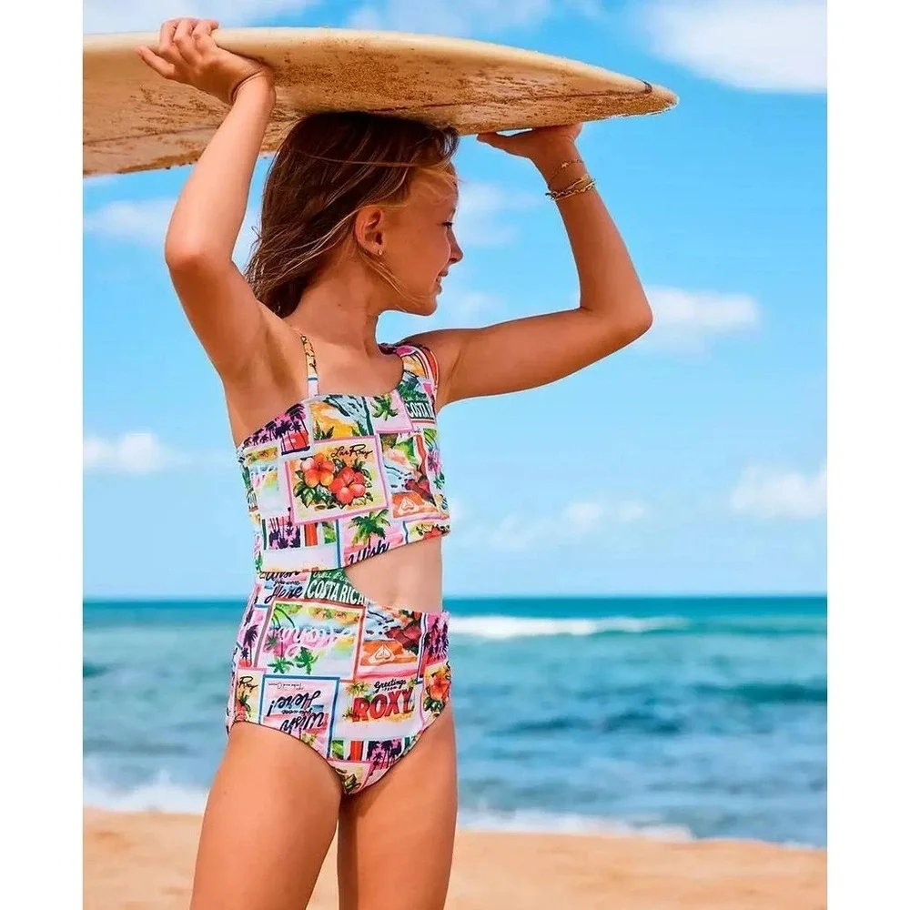 Roxy Girls Tropical‎ Postcard Cutout One Piece Swimsuit One Shoulder Size 14 NWT